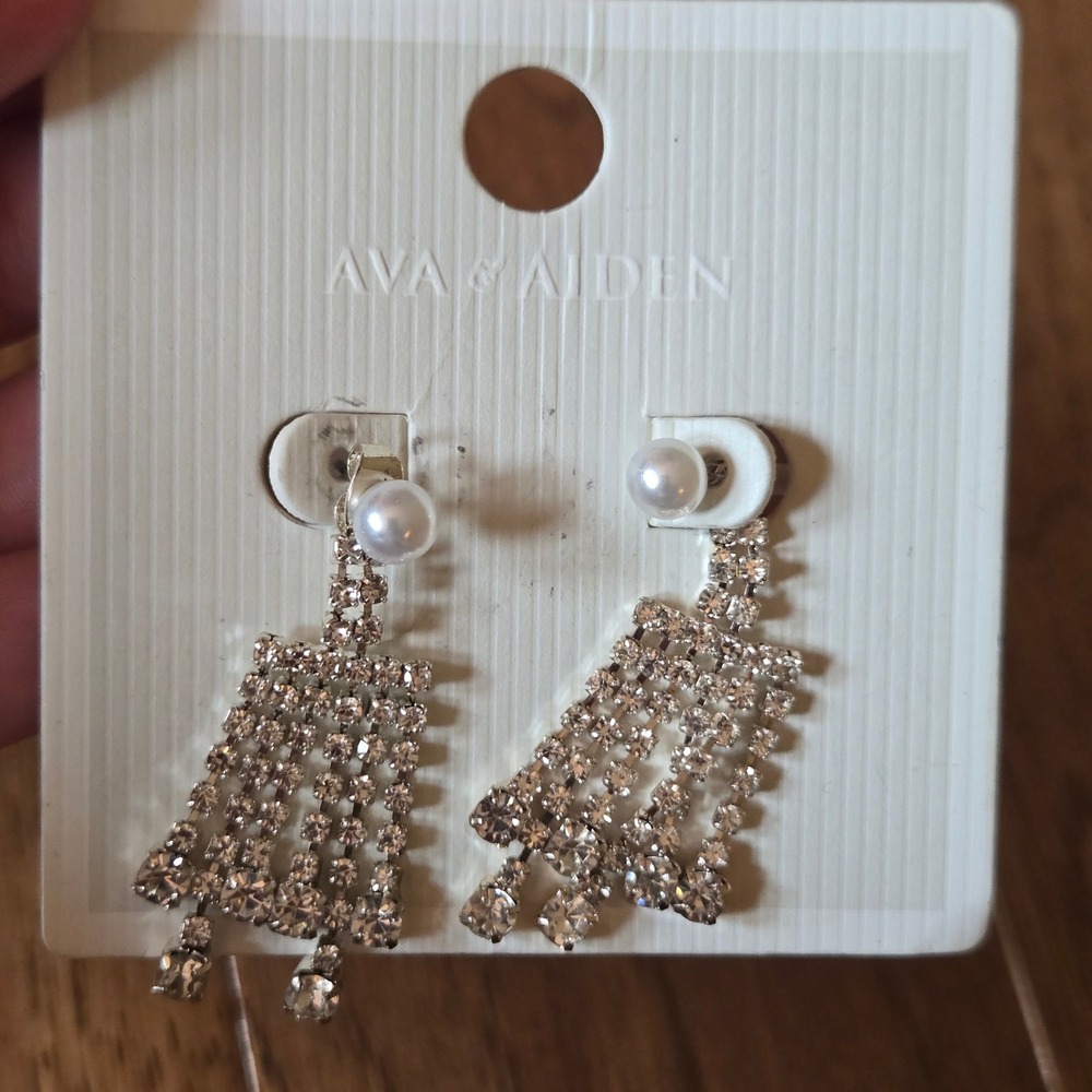 Ava & Aiden Rhinestone Faux Pearl Chandelier Drop Earrings Silver Tone Crystal